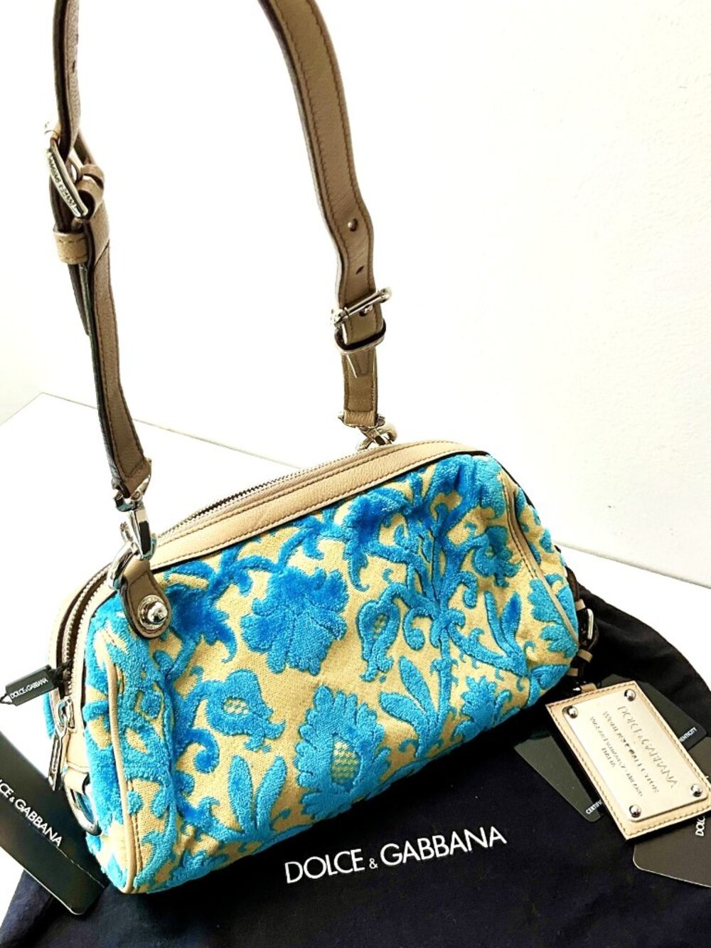 Dolce & Gabbana Floral Canvas Bag Blue Beige Leather Strap
